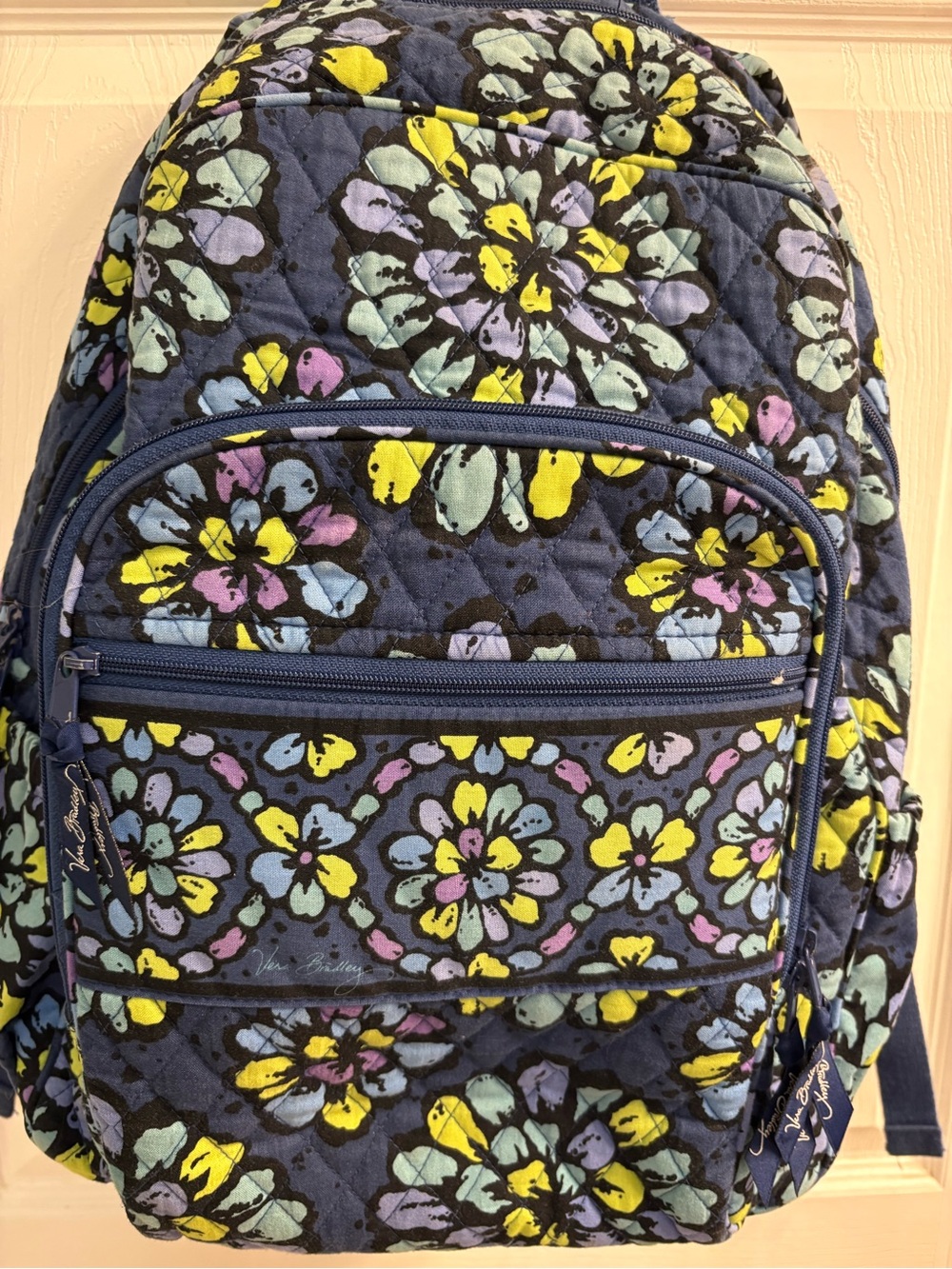 Vera Bradley Navy Quilted Floral Backpack with Yellow & Lavender Accents